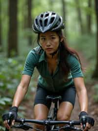 woman as individual mountain biking through a dense forest trail