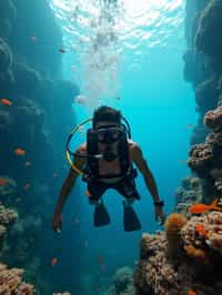 man scuba diving in a stunning coral reef, surrounded by colorful fish