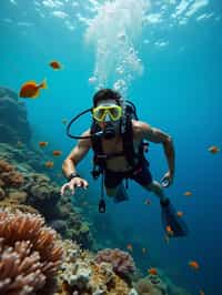 man scuba diving in a stunning coral reef, surrounded by colorful fish