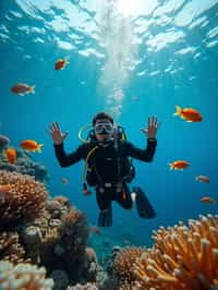 man scuba diving in a stunning coral reef, surrounded by colorful fish