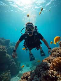 man scuba diving in a stunning coral reef, surrounded by colorful fish