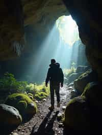 man as individual hiking through an impressive cave system