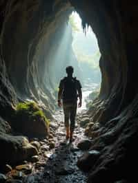 man as individual hiking through an impressive cave system