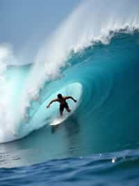 man as individual surfing a massive wave in a clear, blue ocean