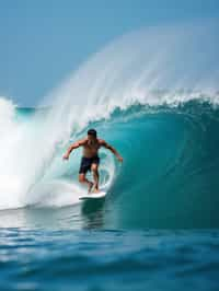 man as individual surfing a massive wave in a clear, blue ocean