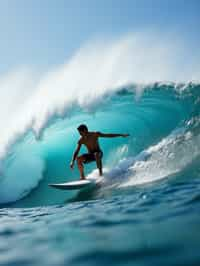 man as individual surfing a massive wave in a clear, blue ocean