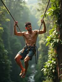 man zip-lining through a tropical rainforest canopy