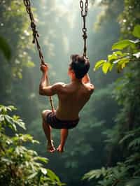 man zip-lining through a tropical rainforest canopy