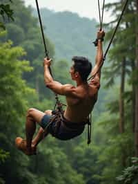 man zip-lining through a tropical rainforest canopy