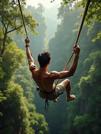 man zip-lining through a tropical rainforest canopy