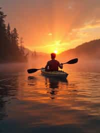 man as explorer kayaking in a serene lake with a mesmerizing sunset backdrop