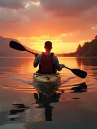 man as explorer kayaking in a serene lake with a mesmerizing sunset backdrop