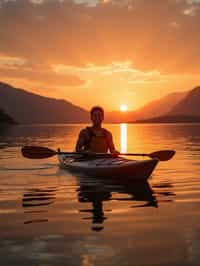 man as explorer kayaking in a serene lake with a mesmerizing sunset backdrop