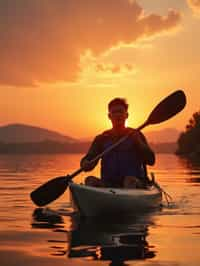 man as explorer kayaking in a serene lake with a mesmerizing sunset backdrop