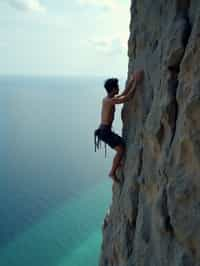 man as adventurer rock climbing a daunting cliff with a breathtaking sea view