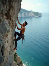 man as adventurer rock climbing a daunting cliff with a breathtaking sea view