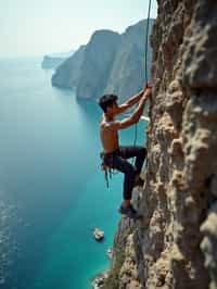 man as adventurer rock climbing a daunting cliff with a breathtaking sea view