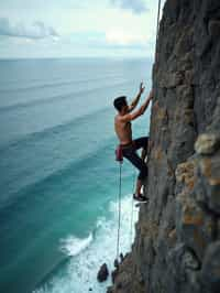 man as adventurer rock climbing a daunting cliff with a breathtaking sea view