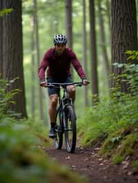 man as individual mountain biking through a dense forest trail