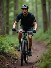 man as individual mountain biking through a dense forest trail