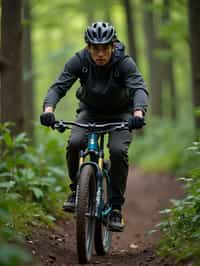 man as individual mountain biking through a dense forest trail