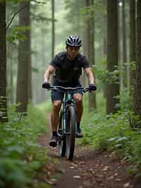 man as individual mountain biking through a dense forest trail