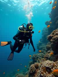 man scuba diving in a stunning coral reef, surrounded by colorful fish