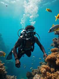 man scuba diving in a stunning coral reef, surrounded by colorful fish