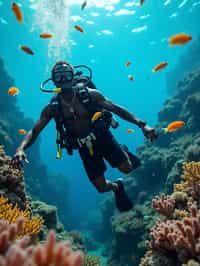 man scuba diving in a stunning coral reef, surrounded by colorful fish