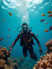 man scuba diving in a stunning coral reef, surrounded by colorful fish