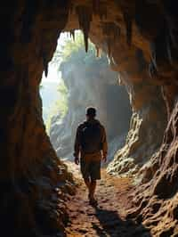 man as individual hiking through an impressive cave system