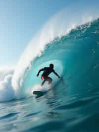 man as individual surfing a massive wave in a clear, blue ocean