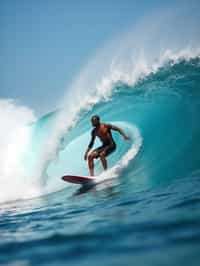 man as individual surfing a massive wave in a clear, blue ocean