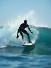 man as individual surfing a massive wave in a clear, blue ocean