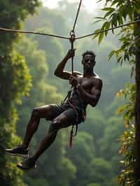 man zip-lining through a tropical rainforest canopy