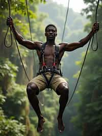 man zip-lining through a tropical rainforest canopy