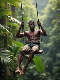 man zip-lining through a tropical rainforest canopy