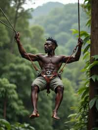 man zip-lining through a tropical rainforest canopy