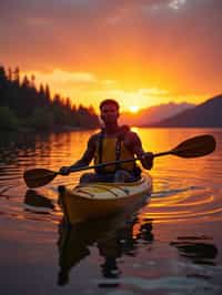 man as explorer kayaking in a serene lake with a mesmerizing sunset backdrop