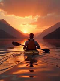 man as explorer kayaking in a serene lake with a mesmerizing sunset backdrop