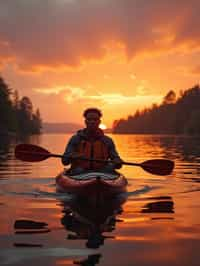 man as explorer kayaking in a serene lake with a mesmerizing sunset backdrop