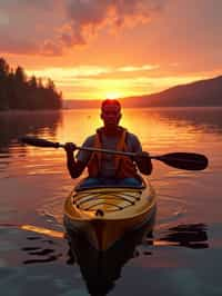 man as explorer kayaking in a serene lake with a mesmerizing sunset backdrop