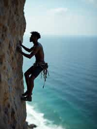 man as adventurer rock climbing a daunting cliff with a breathtaking sea view