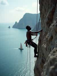 man as adventurer rock climbing a daunting cliff with a breathtaking sea view