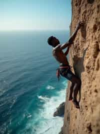 man as adventurer rock climbing a daunting cliff with a breathtaking sea view