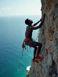 man as adventurer rock climbing a daunting cliff with a breathtaking sea view