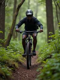 man as individual mountain biking through a dense forest trail