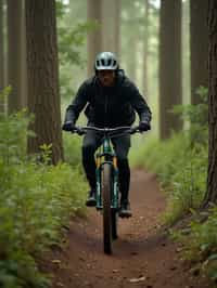 man as individual mountain biking through a dense forest trail