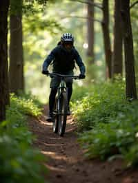 man as individual mountain biking through a dense forest trail