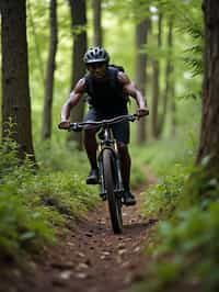 man as individual mountain biking through a dense forest trail